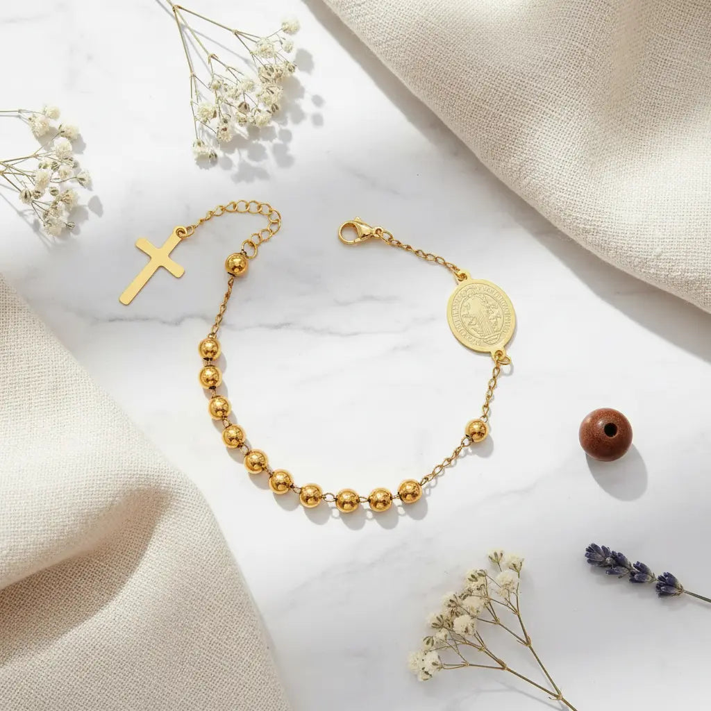 Gold Rosary Bracelet with Saint Benedict Medal & Cross – Titanium Steel | XN Jewelry