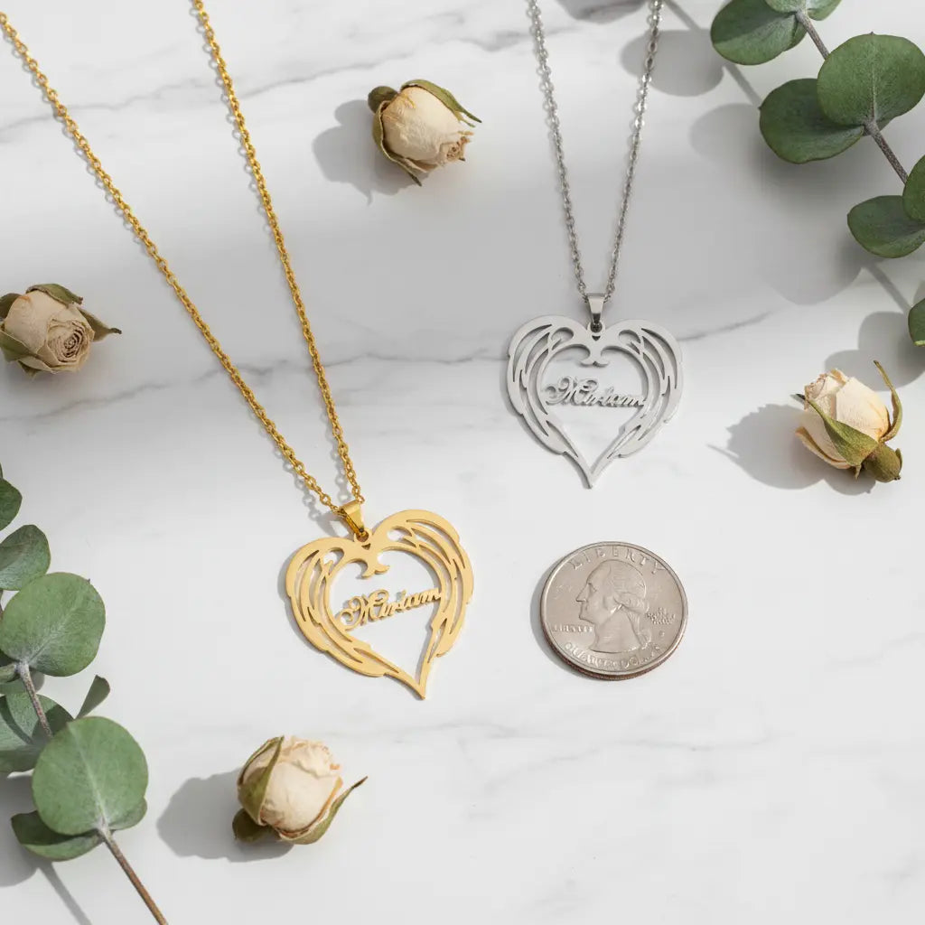 Personalized Angel Wings Heart Name Necklace | Custom Engraved Cursive Script | Titanium Steel | Gold, Silver, Rose Gold | Gift for Her, Mom, Daughter, Wife, Best Friend
