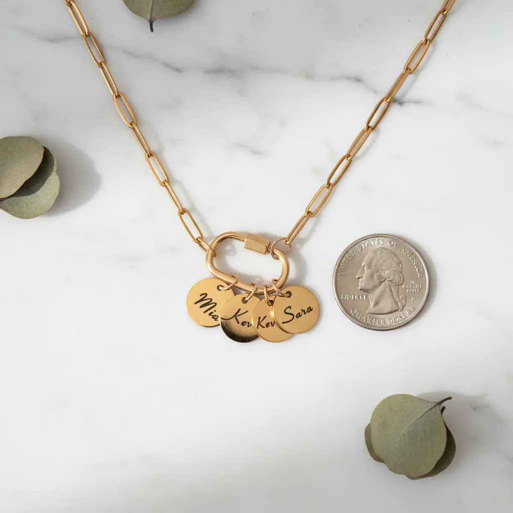 Personalized Name Charm Necklace | Custom Engraved Gold Coin Pendant | Paperclip Chain | Gift for Mom, Wife, Best Friend