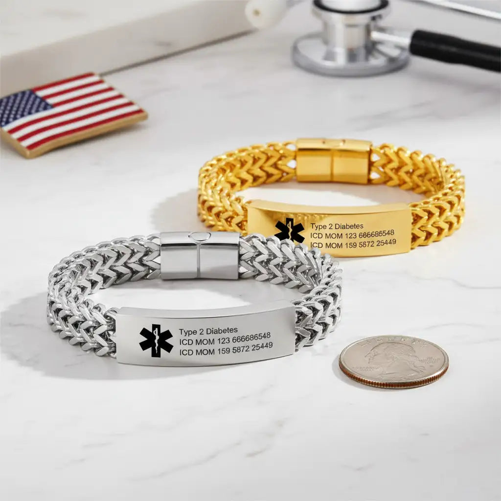 Custom Medical Alert Bracelet | Personalized Engraved ID Bracelet | Double Franco Chain | Titanium Steel | Gold, Silver & Black | Gift for Him, Her, Diabetic, Seniors