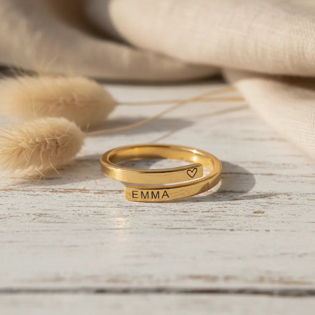 Custom Engraved Wrap Ring – Personalized Name Open Band | Titanium Steel, 18K Gold Plated