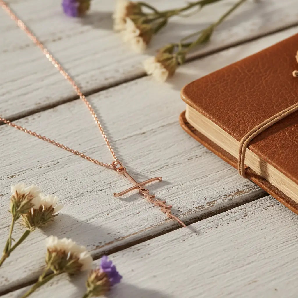 Custom Word Cross Necklace – Personalized Cursive Script Faith Pendant | Titanium Steel, 18K Gold Plated