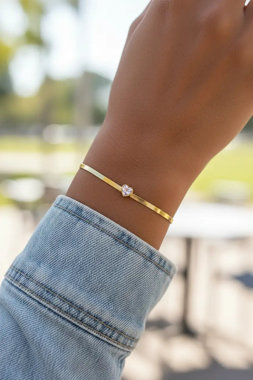 Custom Birthstone Heart Bracelet – Gold Herringbone Chain | Choose Your Gemstone Color | XN Jewelry