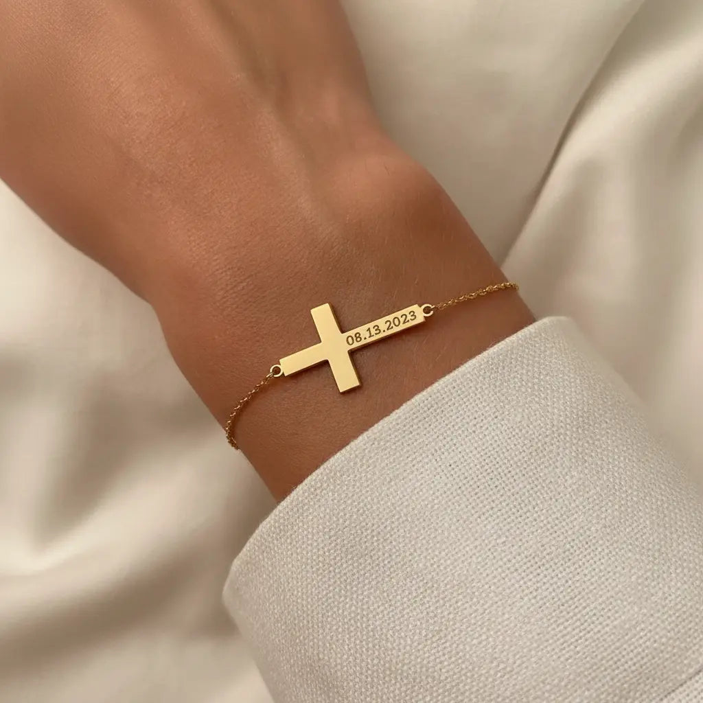 Personalized Cross Bracelet – Custom Name & Date Engraving | Gold, Silver, Rose Gold | XN Jewelry