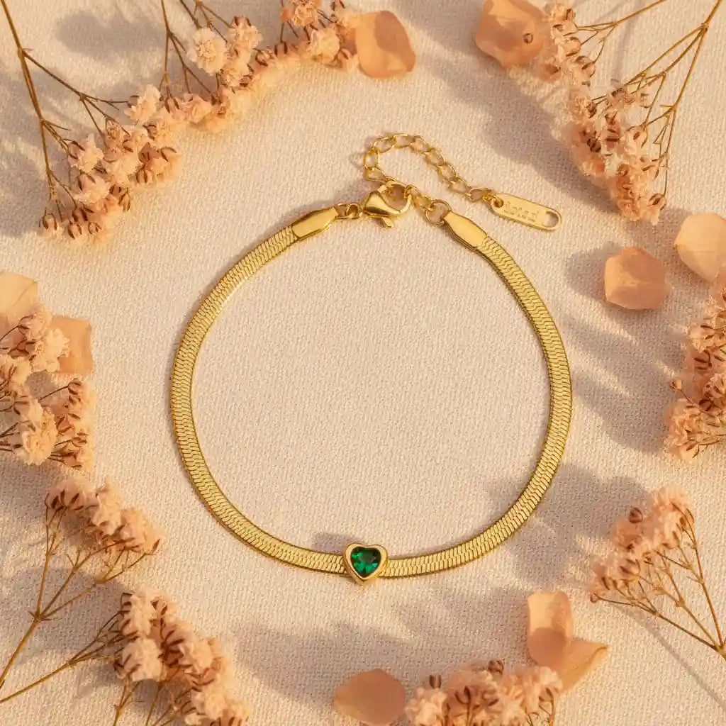 Custom Birthstone Heart Bracelet – Gold Herringbone Chain | Choose Your Gemstone Color | XN Jewelry