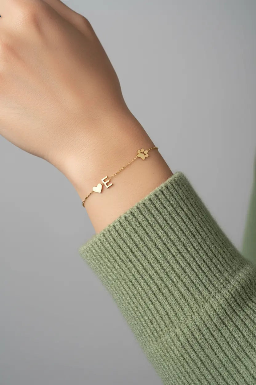 Custom Initial Letter Bracelet with Paw Print & Heart | Personalized Pet Lover Jewelry | Titanium Steel | XN Jewelry