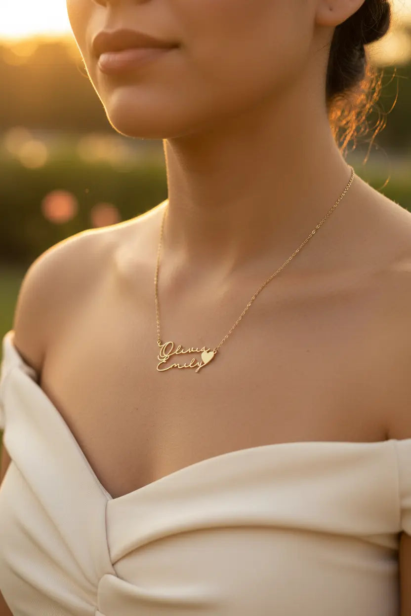 Custom Double Name Necklace with Heart – Personalized Titanium Steel Name Jewelry Gift for Women
