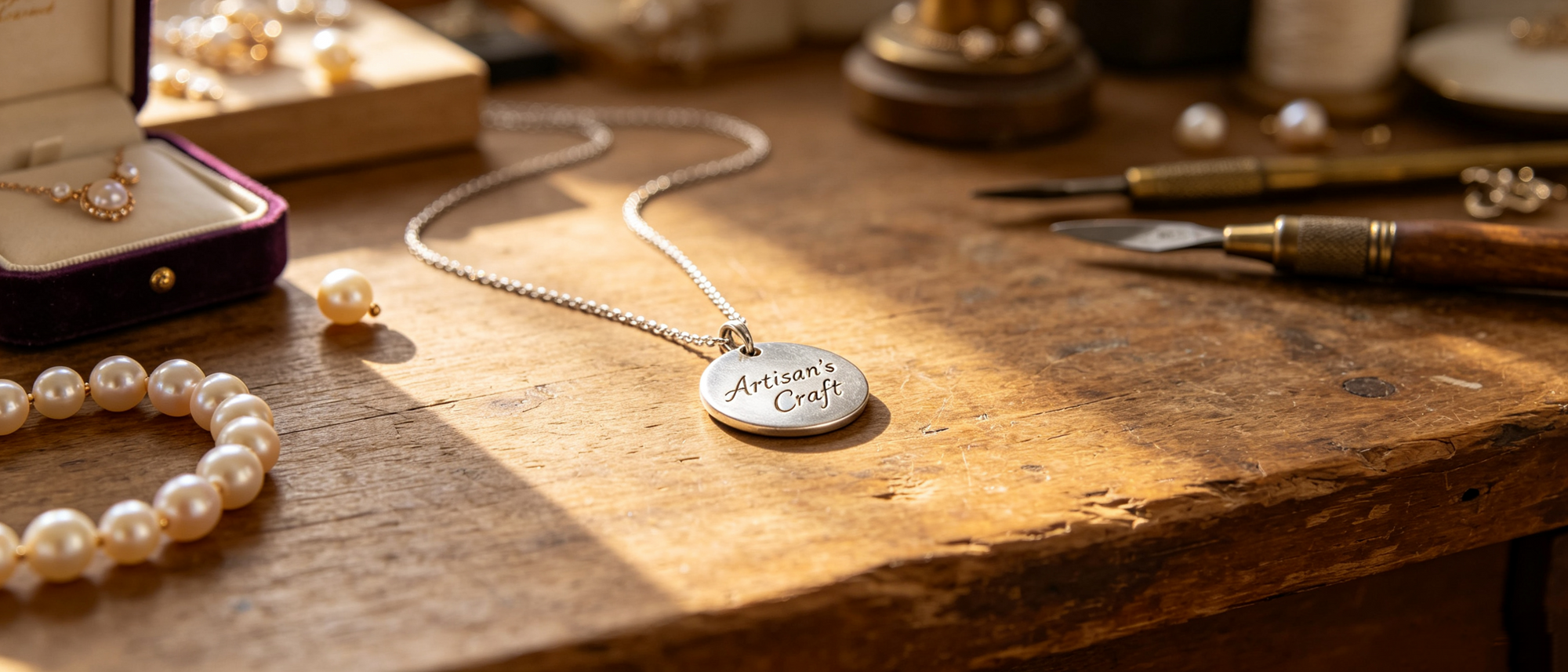 Necklace with a heart-shaped pendant on a wooden surface with jewelry tools and other necklaces.