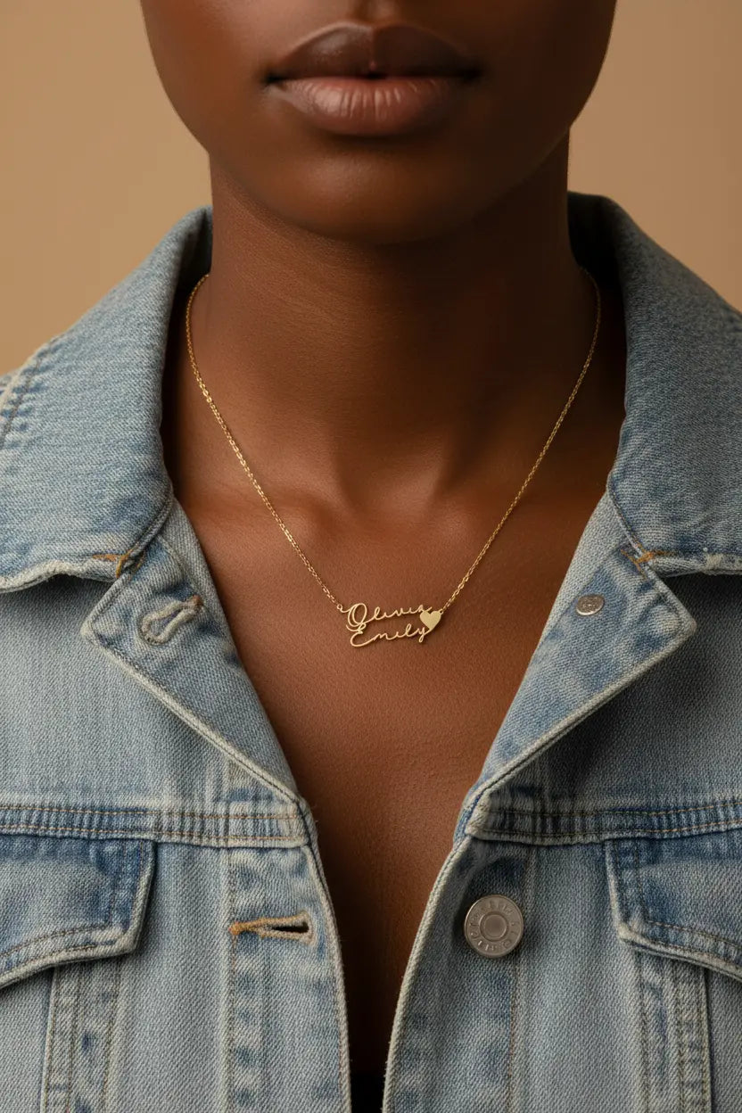 Custom Double Name Necklace with Heart – Personalized Titanium Steel Name Jewelry Gift for Women