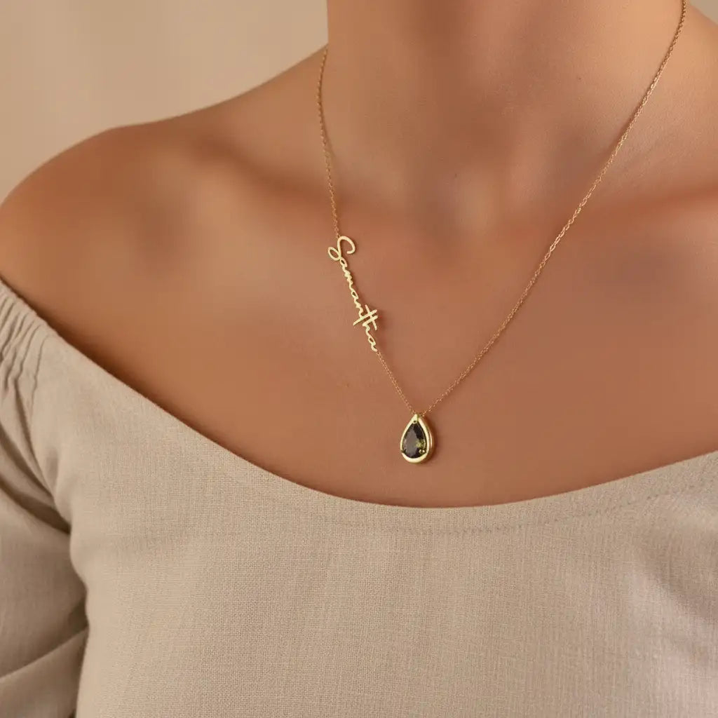 Personalized Vertical Name Necklace with Teardrop Birthstone | Custom Engraved | XN Jewelry
