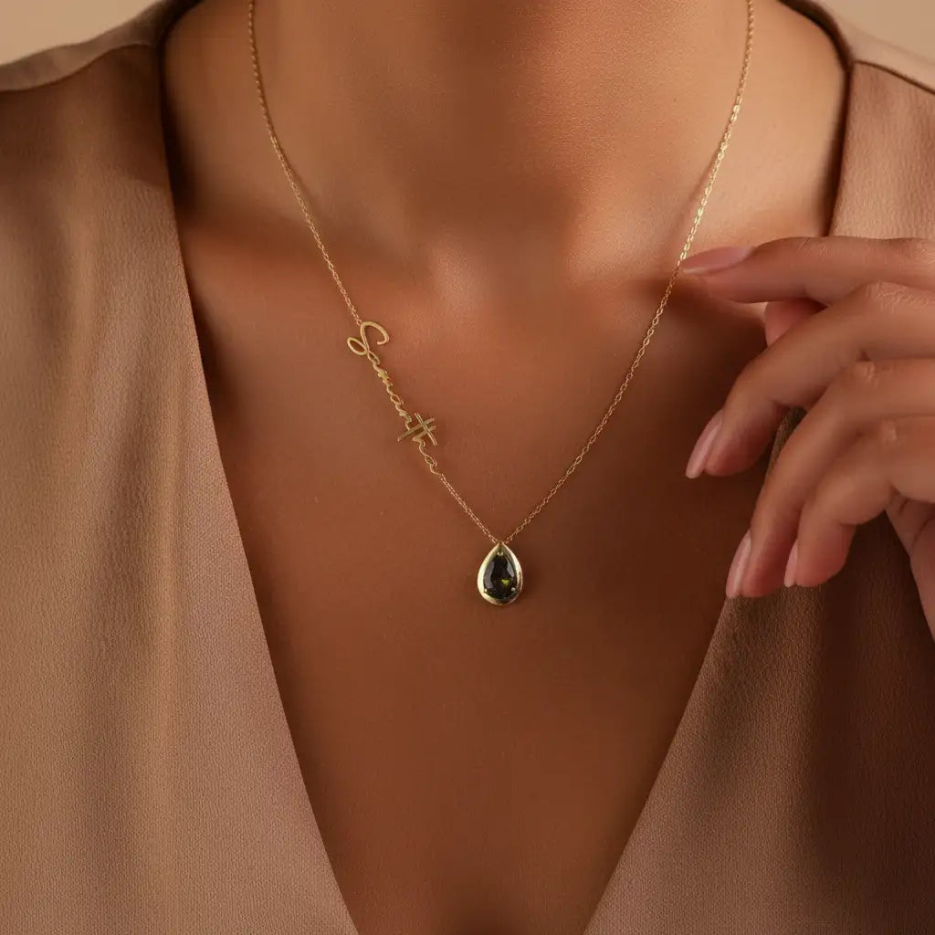 Personalized Vertical Name Necklace with Teardrop Birthstone | Custom Engraved | XN Jewelry