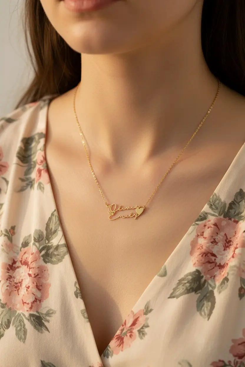 Custom Double Name Necklace with Heart – Personalized Titanium Steel Name Jewelry Gift for Women