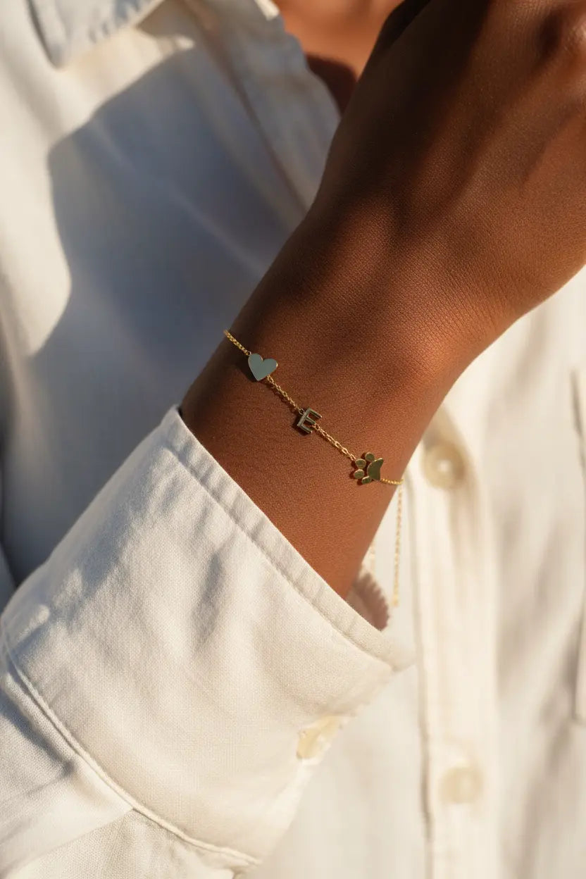 Custom Initial Letter Bracelet with Paw Print & Heart | Personalized Pet Lover Jewelry | Titanium Steel | XN Jewelry