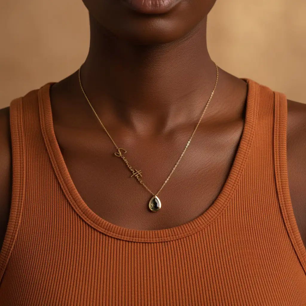 Personalized Vertical Name Necklace with Teardrop Birthstone | Custom Engraved | XN Jewelry