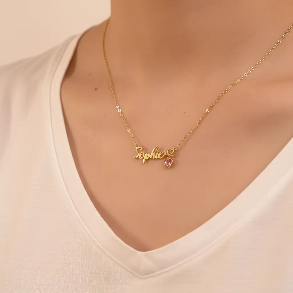 Personalized Name Necklace with Heart Birthstone Charm | Custom Cursive | XN Jewelry
