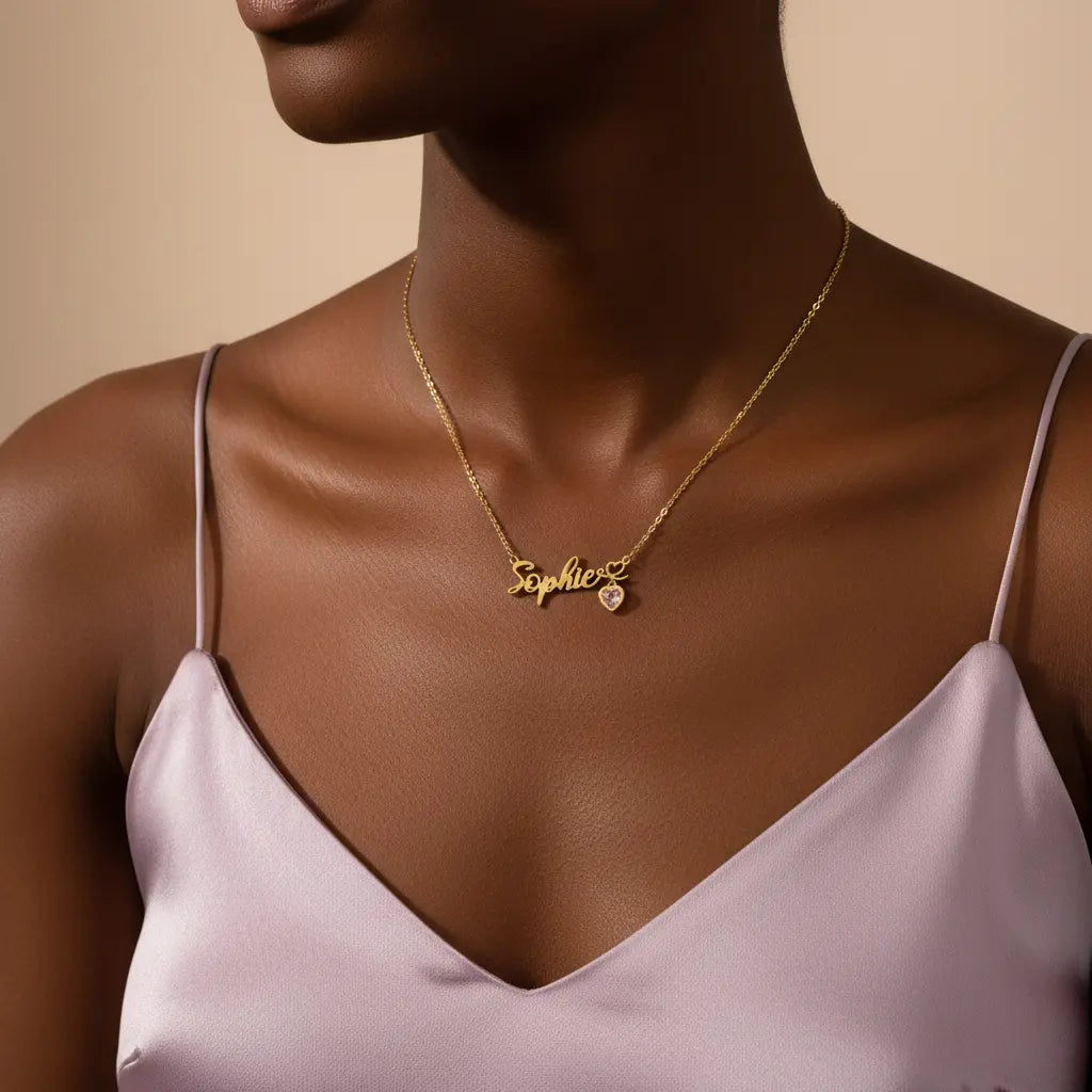 Personalized Name Necklace with Heart Birthstone Charm | Custom Cursive | XN Jewelry