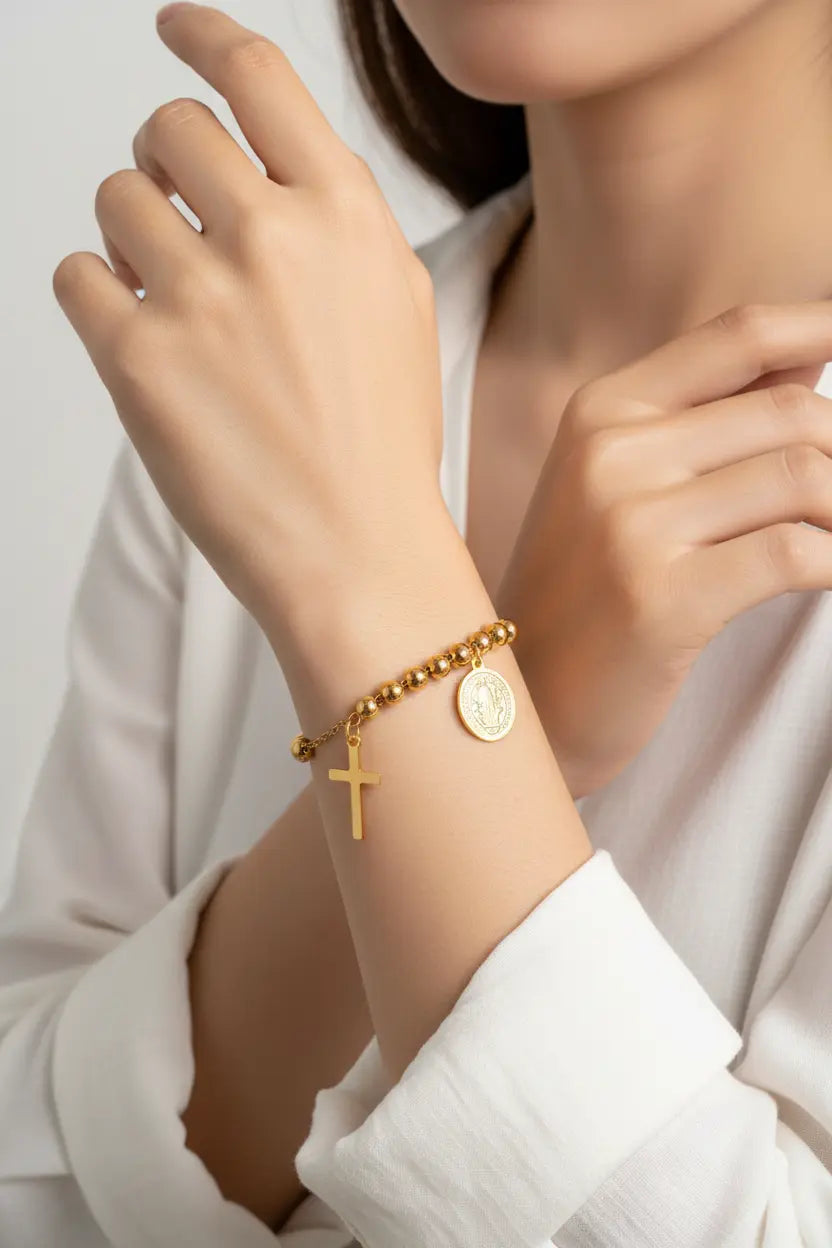 Gold Rosary Bracelet with Saint Benedict Medal & Cross – Titanium Steel | XN Jewelry