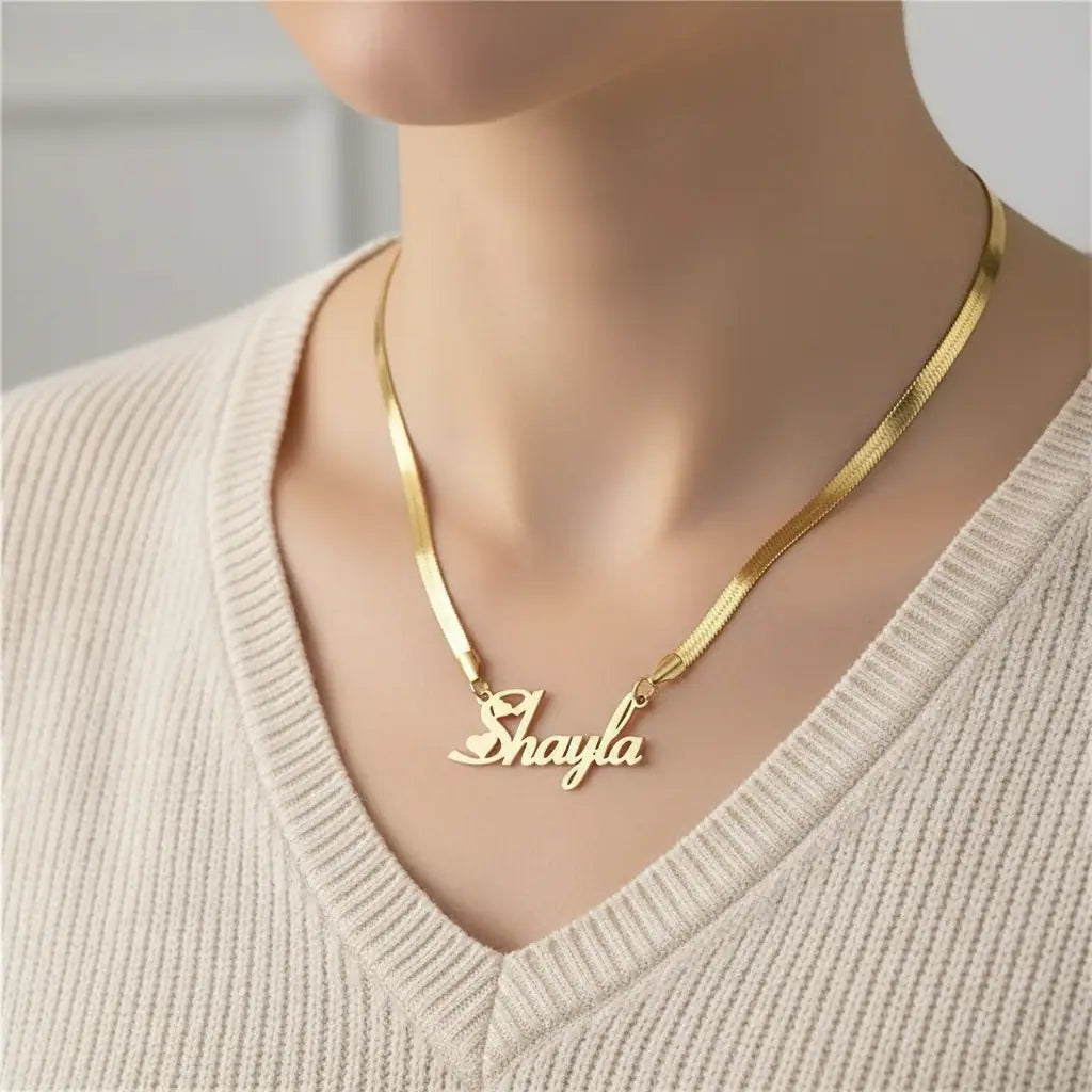 Custom Name Necklace – Gold Herringbone Chain | Personalized Cursive Script Pendant | XN Jewelry