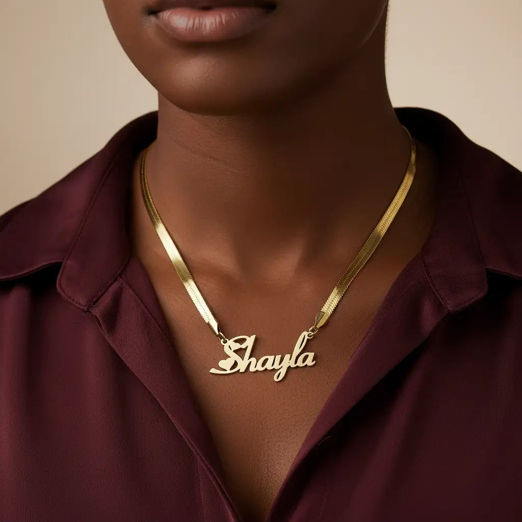 Custom Name Necklace – Gold Herringbone Chain | Personalized Cursive Script Pendant | XN Jewelry