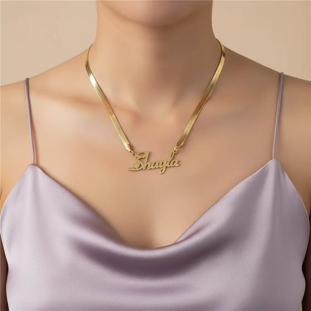 Custom Name Necklace – Gold Herringbone Chain | Personalized Cursive Script Pendant | XN Jewelry