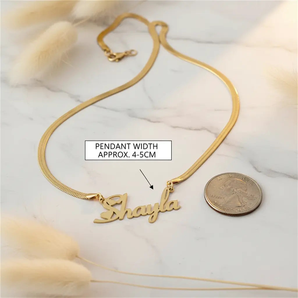 Custom Name Necklace – Gold Herringbone Chain | Personalized Cursive Script Pendant | XN Jewelry