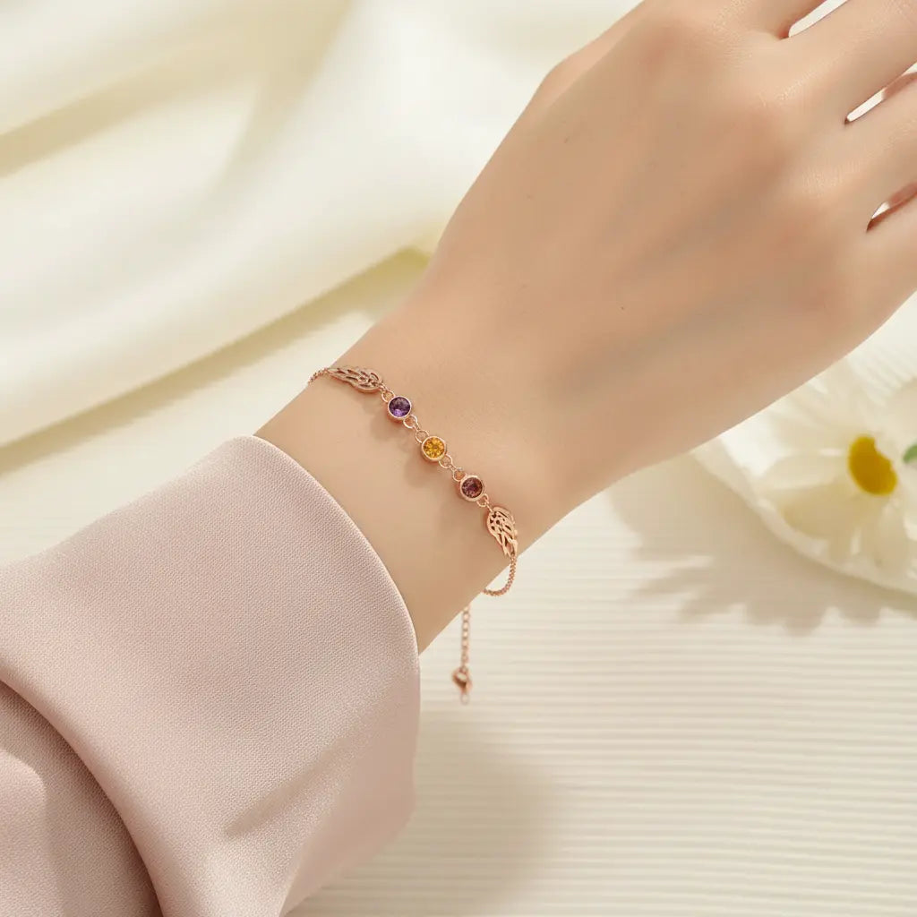 Angel Wing Birthstone Bracelet – Personalized 1–4 Gemstone Charms | XNJewelry