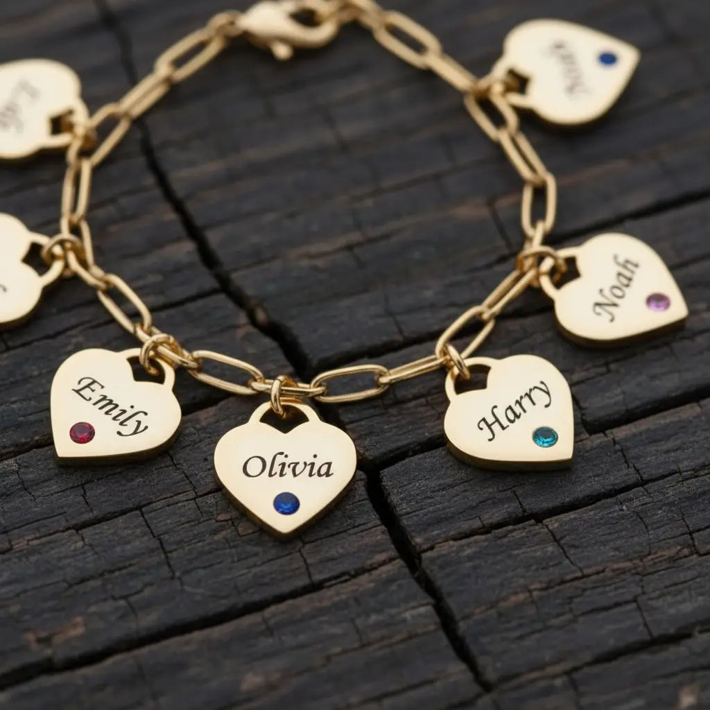 Custom Birthstone Heart Charm Bracelet – Personalized Name Engraved, 1–5 Hearts | XN Jewelry