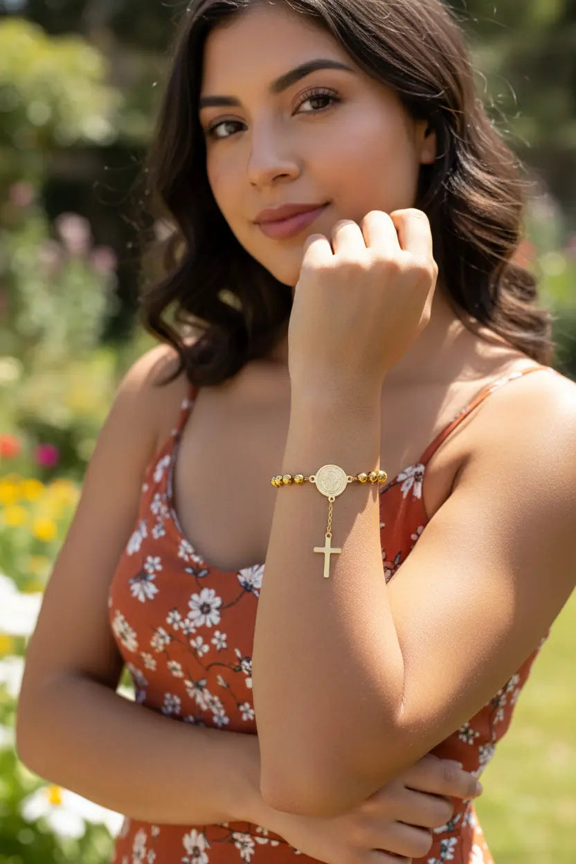 Gold Rosary Bracelet with Saint Benedict Medal & Cross – Titanium Steel | XN Jewelry