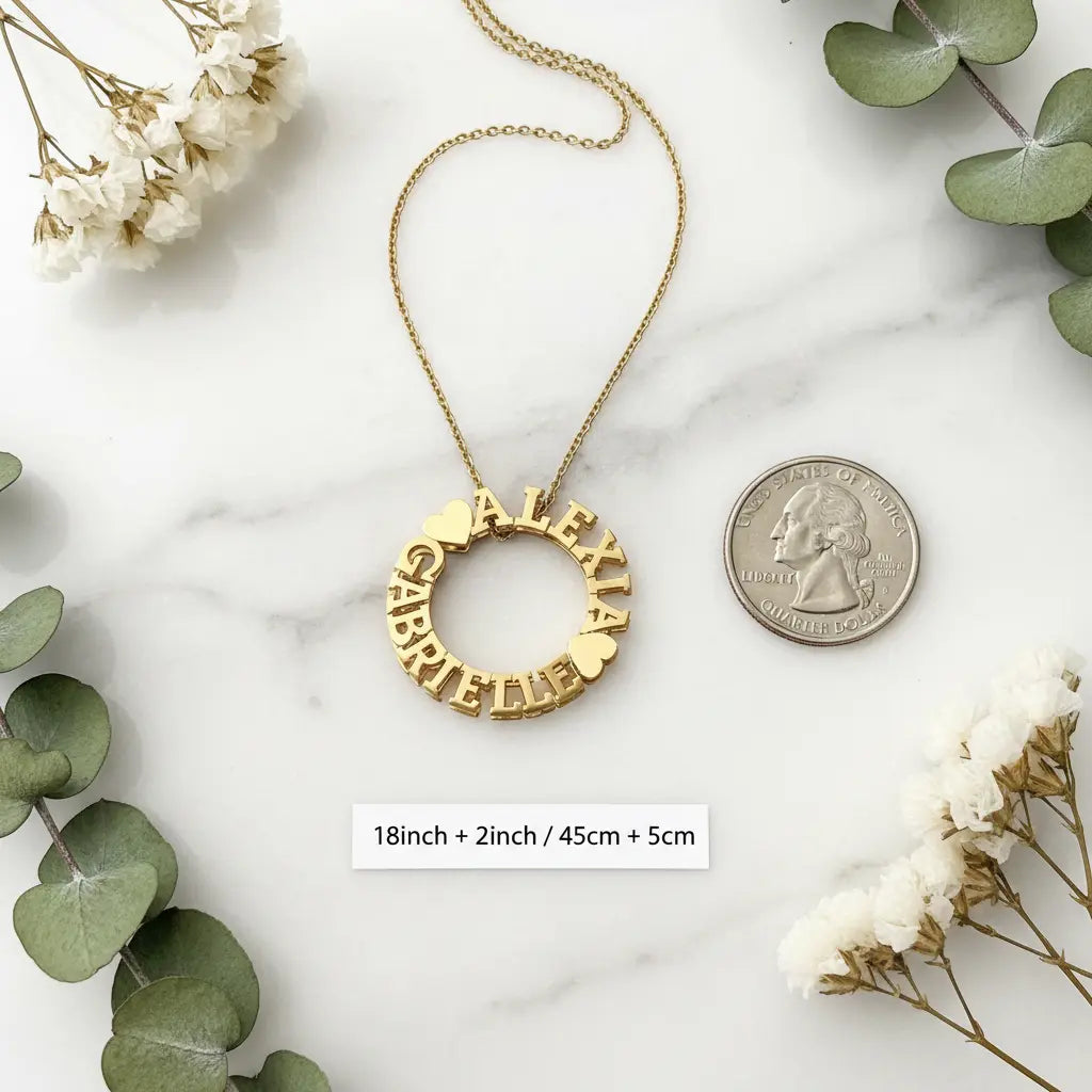 Custom Circle Name Necklace – Personalized Ring Pendant with Heart Accents | XN Jewelry