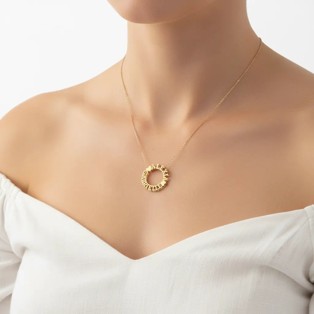 Custom Circle Name Necklace – Personalized Ring Pendant with Heart Accents | XN Jewelry