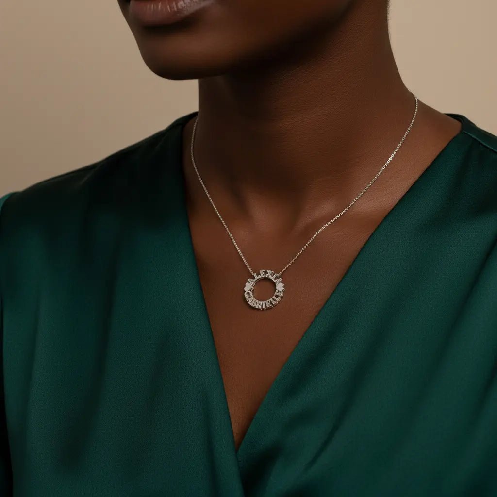 Custom Circle Name Necklace – Personalized Ring Pendant with Heart Accents | XN Jewelry
