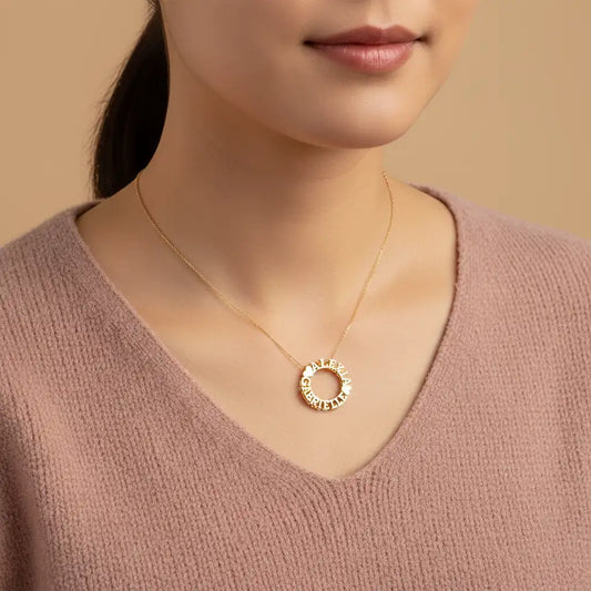Custom Circle Name Necklace – Personalized Ring Pendant with Heart Accents | XN Jewelry