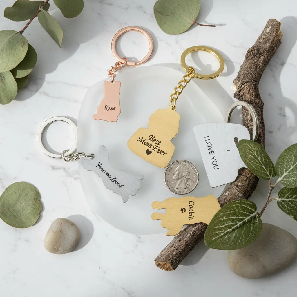 Custom Engraved Keychain | Personalized Pet Name Dog Cat Shape | 18K Gold Silver Rose Gold | XN Jewelry