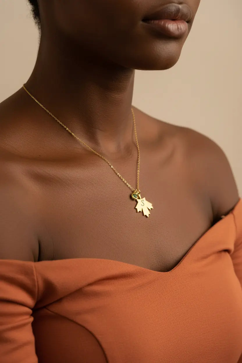 Personalized Maple Leaf Birthstone & Initial Necklace – Gold, Silver, Rose Gold | XN Jewelry