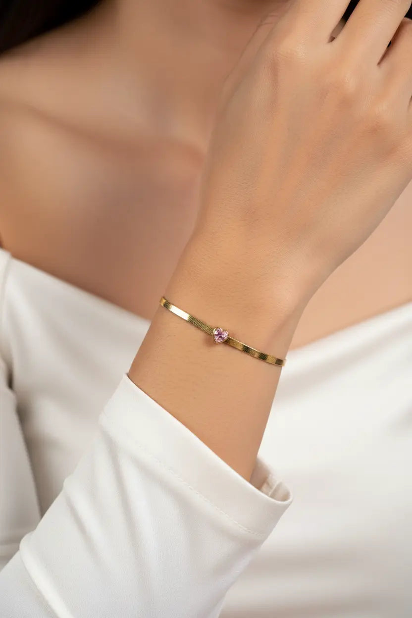 Custom Birthstone Heart Bracelet – Gold Herringbone Chain | Choose Your Gemstone Color | XN Jewelry