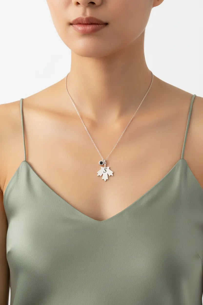 Personalized Maple Leaf Birthstone & Initial Necklace – Gold, Silver, Rose Gold | XN Jewelry
