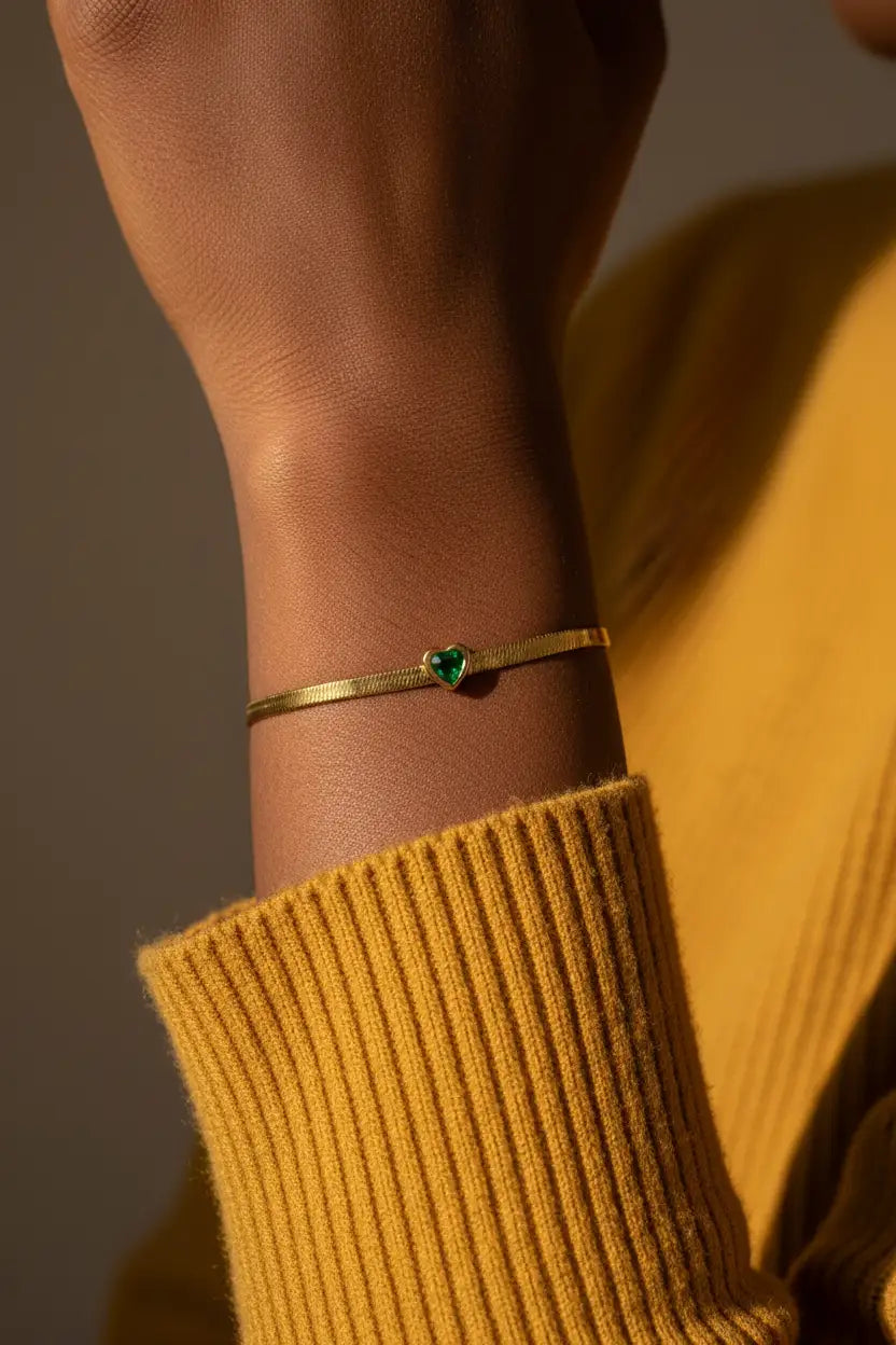 Custom Birthstone Heart Bracelet – Gold Herringbone Chain | Choose Your Gemstone Color | XN Jewelry
