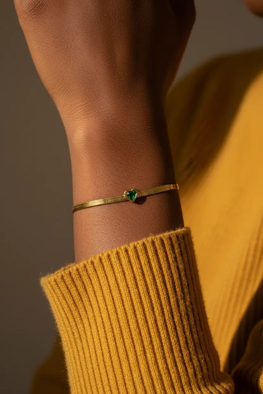 Custom Birthstone Heart Bracelet – Gold Herringbone Chain | Choose Your Gemstone Color | XN Jewelry