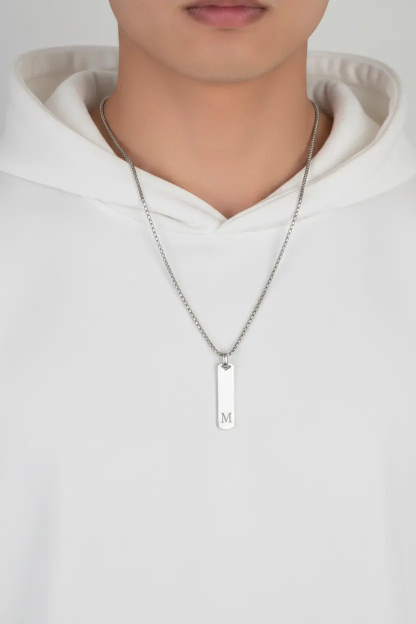 Men's Personalized Initial Bar Necklace | Custom Engraved Letter Pendant | Titanium Steel Box Chain | Gift for Him, Boyfriend, Dad, Brother, Groomsman