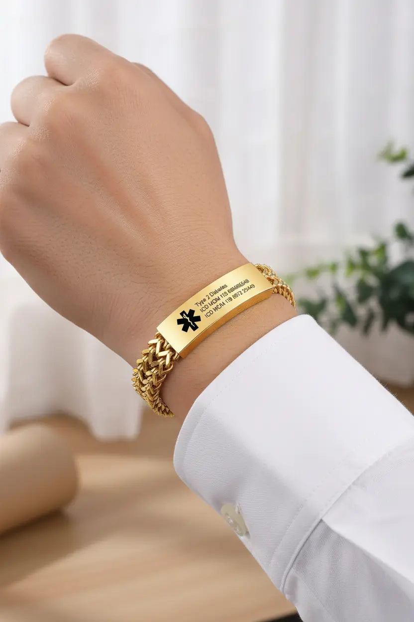 Custom Medical Alert Bracelet | Personalized Engraved ID Bracelet | Double Franco Chain | Titanium Steel | Gold, Silver & Black | Gift for Him, Her, Diabetic, Seniors