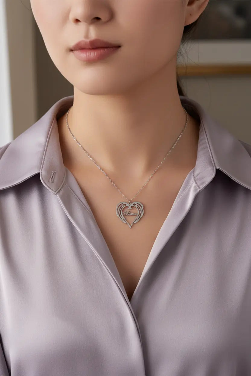 Personalized Angel Wings Heart Name Necklace | Custom Engraved Cursive Script | Titanium Steel | Gold, Silver, Rose Gold | Gift for Her, Mom, Daughter, Wife, Best Friend