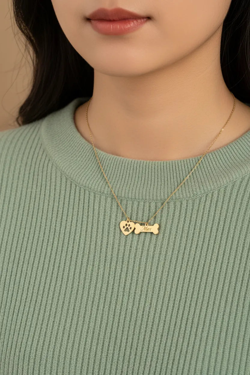 Personalized Pet Name Necklace – Custom Engraved Dog Bone & Paw Print Heart Charm, Gold & Silver Dog Mom Jewelry Gift