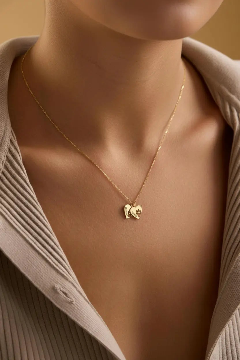 Personalized Paw Print Heart Necklace – Custom Pet Name Engraved, 1 to 4 Hearts, Gold Dog Cat Memorial Jewelry Gift