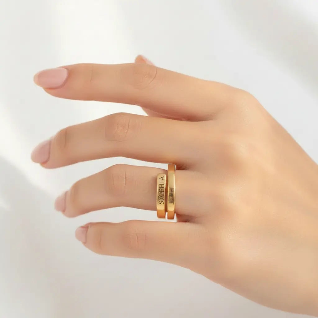 Custom Engraved Wrap Ring – Personalized Name Open Band | Titanium Steel, 18K Gold Plated