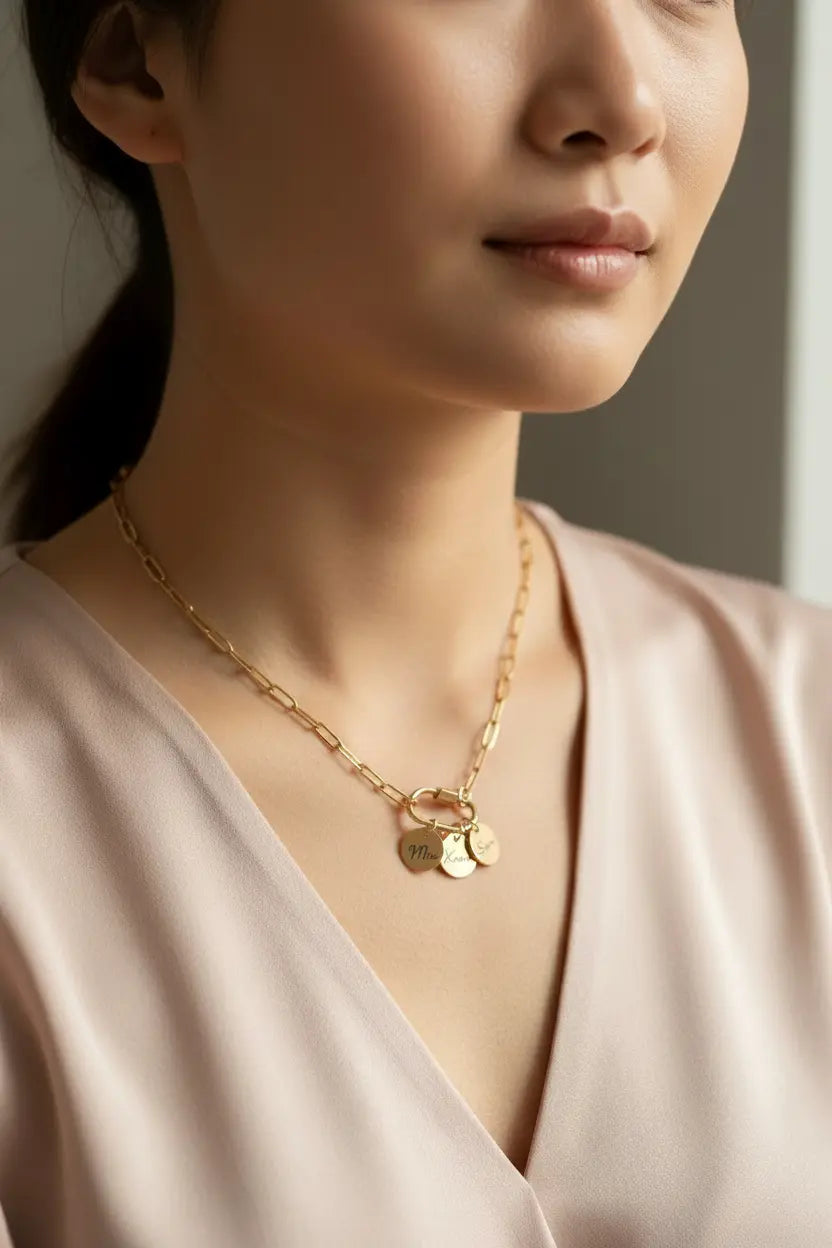 Personalized Name Charm Necklace | Custom Engraved Gold Coin Pendant | Paperclip Chain | Gift for Mom, Wife, Best Friend