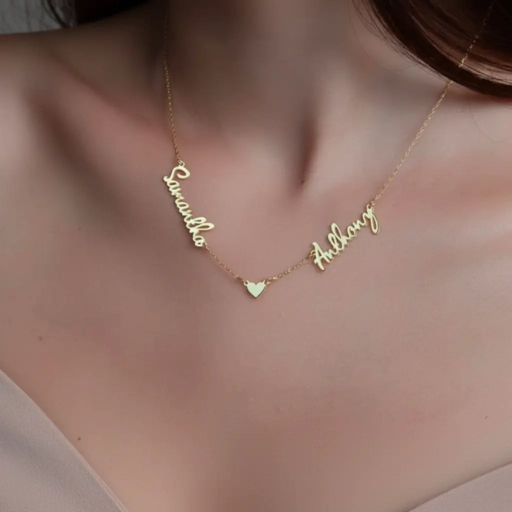 Custom Two Name Heart Necklace – Personalized Couples Name Pendant | Titanium Steel, 18K Gold Plated