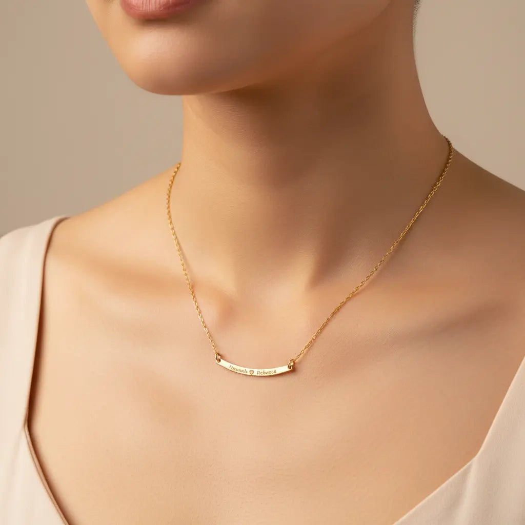 Custom Engraved Bar Necklace – Personalized Name Horizontal Bar Pendant | Titanium Steel, 18K Gold Plated