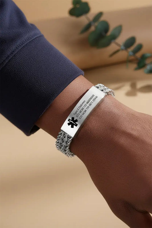 Custom Medical Alert Bracelet | Personalized Engraved ID Bracelet | Double Franco Chain | Titanium Steel | Gold, Silver & Black | Gift for Him, Her, Diabetic, Seniors