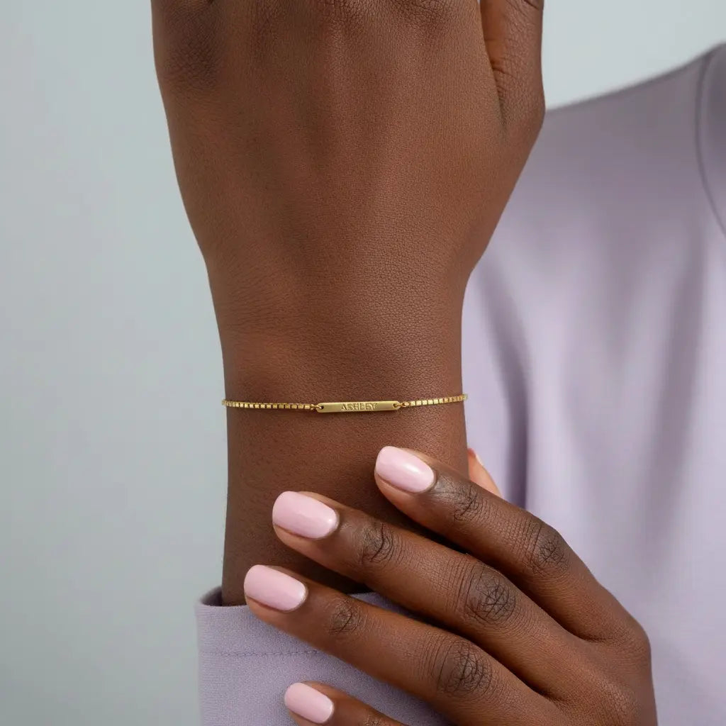 Custom Engraved Name Bracelet – Personalized Bar Bracelet | Titanium Steel, 18K Gold Plated