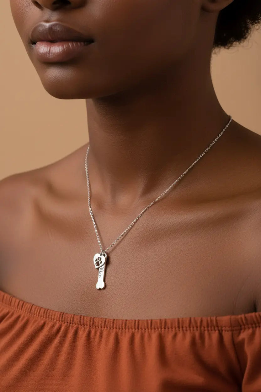 Personalized Pet Name Necklace – Custom Engraved Dog Bone & Paw Print Heart Charm, Gold & Silver Dog Mom Jewelry Gift
